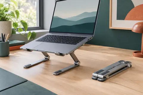 Support pliable Orico PN1 en aluminium gris déployé sous un ordinateur portable sur un bureau clair.