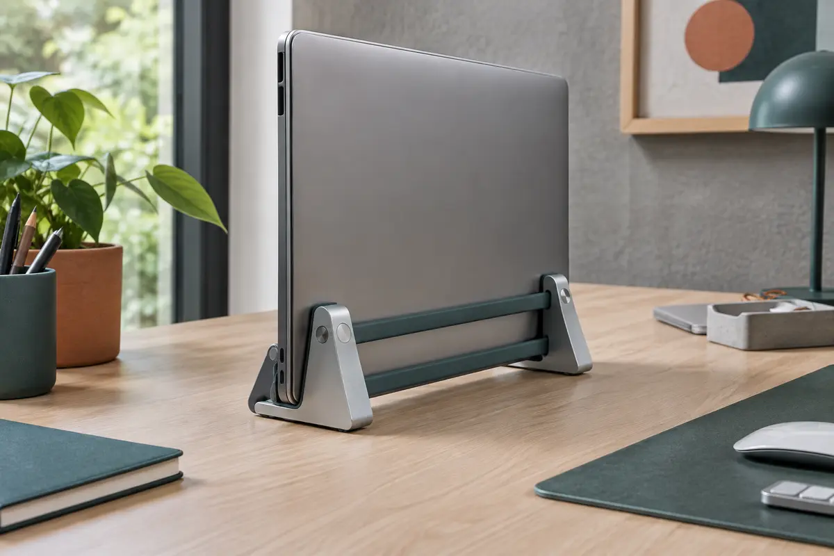 Support vertical Orico en aluminium avec éléments en silicone, tenant un ordinateur portable fermé sur un bureau