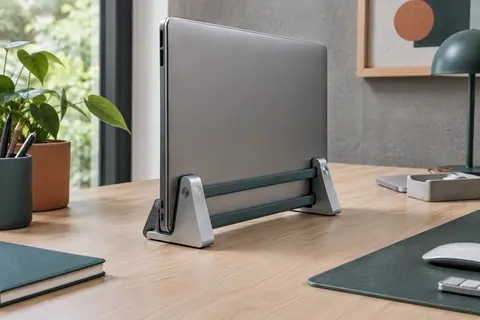 Support vertical Orico en aluminium avec éléments en silicone, tenant un ordinateur portable fermé sur un bureau