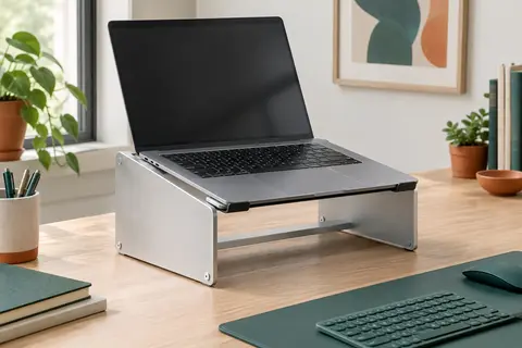 Rehausseur fixe en aluminium argenté à structure ouverte, portant un ordinateur portable ouvert sur un bureau en bois clair