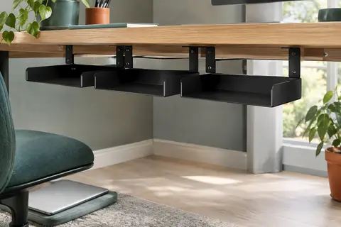 Trois supports de rangement en acier noir fixés sous un bureau en bois clair, près d’un ordinateur portable.