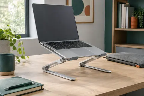 Support pliable argenté pour ordinateur portable déployé sur un bureau, avec ses articulations et sa pochette.