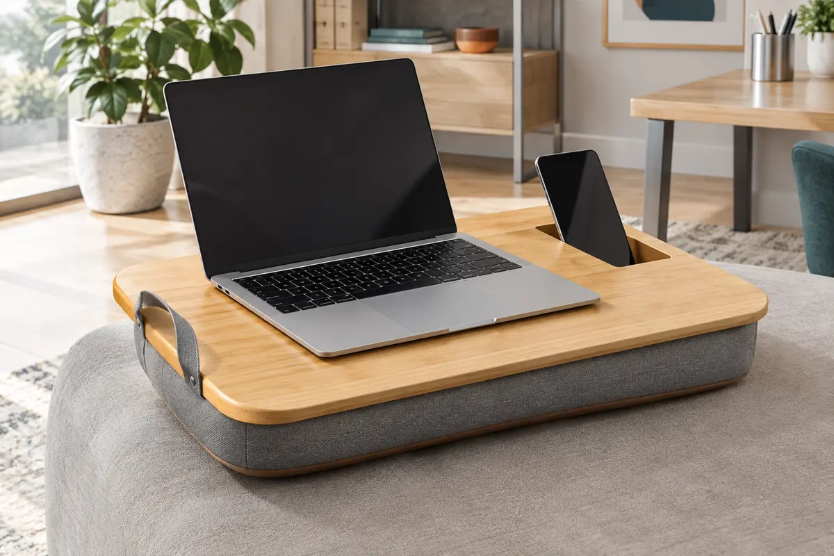 Plateau en bambou avec coussin rembourré, poignée de transport et emplacement pour téléphone