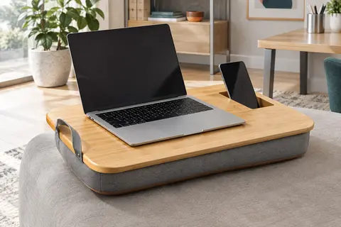 Plateau en bambou avec coussin rembourré, poignée de transport et emplacement pour téléphone