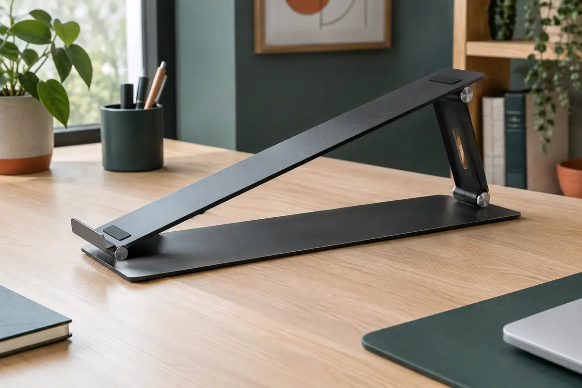Support Psitek noir en aluminium incliné, avec appuis en silicone et règle graduée, posé sur un bureau.