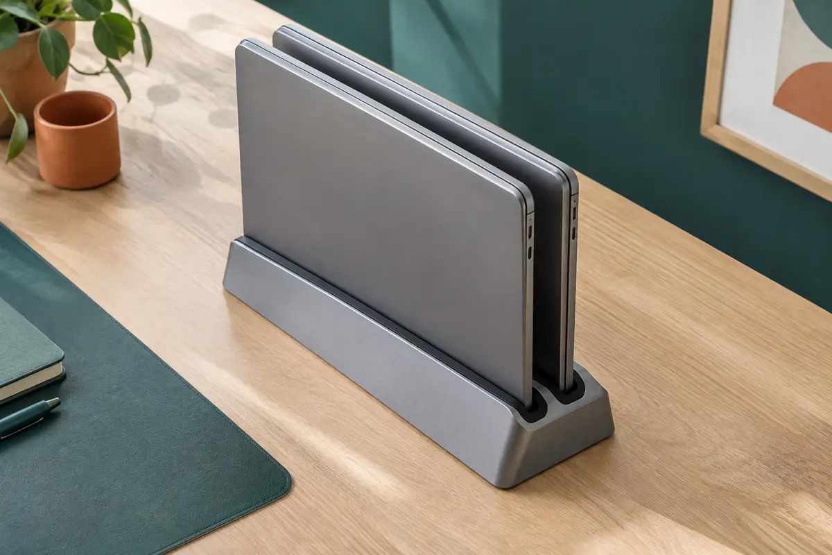 Socle vertical double en aluminium gris sidéral, avec deux ordinateurs portables fermés rangés debout côte à côte dans ses deux fentes, sur un bureau en bois clair