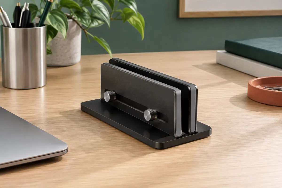 Support vertical noir en aluminium à deux fentes réglables, posé sur un bureau en bois clair