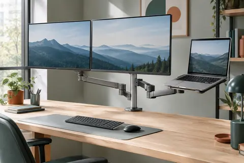 Support de bureau à trois bras portant deux écrans et un ordinateur portable, avec sa potence et ses articulations visibles