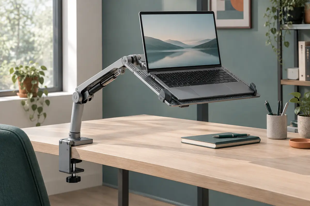 Bras articulé avec plateau ajouré pour ordinateur portable, fixé au bord d’un bureau en bois clair