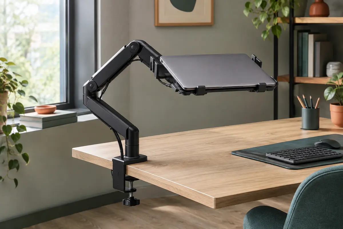 Bras articulé noir avec plateau pour ordinateur portable, fixé au bord d’un bureau en bois clair