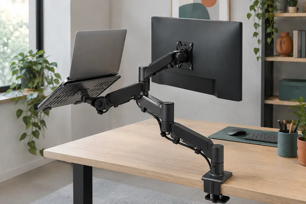 Support double bras noir fixé à un bureau, avec écran sur plaque VESA et ordinateur portable sur plateau ventilé.