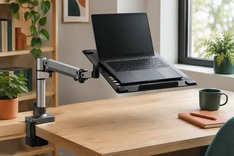 Plateau noir ventilé pour ordinateur portable fixé à un bras de moniteur VESA sur un bureau clair.