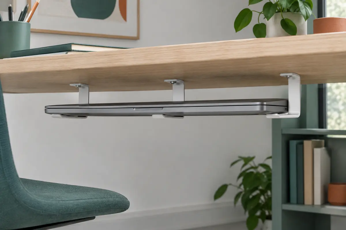 Trois supports étroits en fer blanc vissés sous un bureau en bois clair, tenant un ordinateur portable fermé rangé à plat sous le plateau.