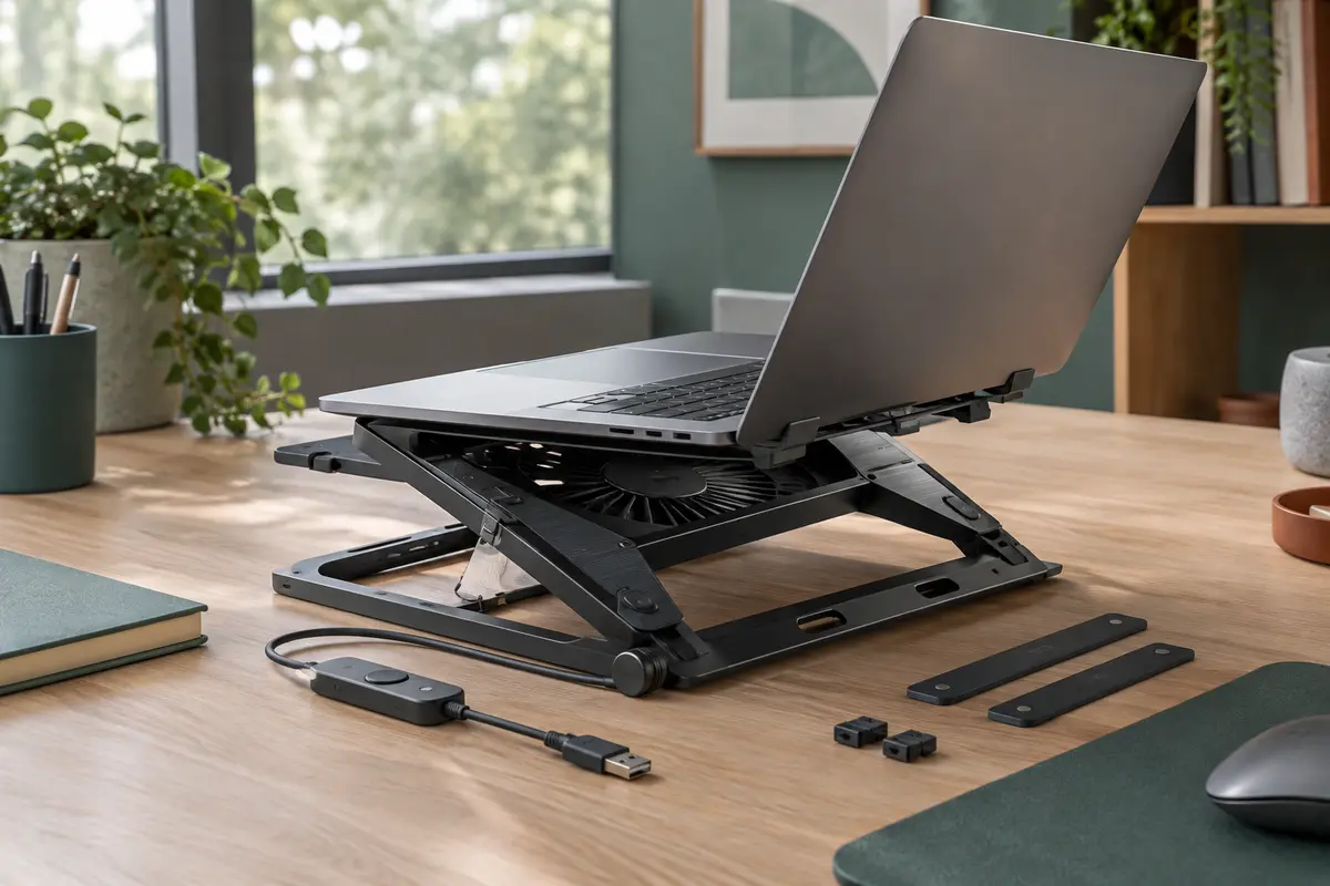 Support de refroidissement noir pour ordinateur portable, posé sur un bureau en bois clair.