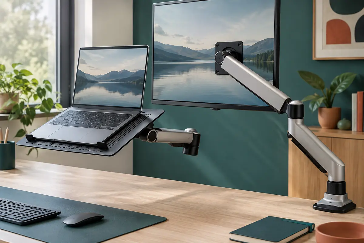 Bras articulé argent et noir avec écran et ordinateur portable sur un plateau ventilé fixé au bureau.