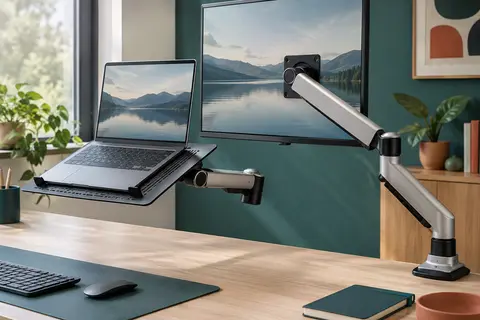 Bras articulé argent et noir avec écran et ordinateur portable sur un plateau ventilé fixé au bureau.