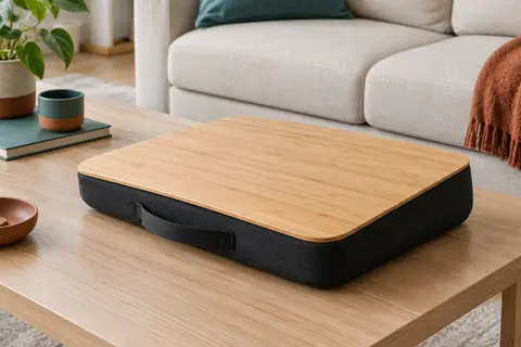 Plateau de genoux en bambou clair fixé sur un épais coussin noir, avec poignée de transport, posé sur une table basse en bois clair