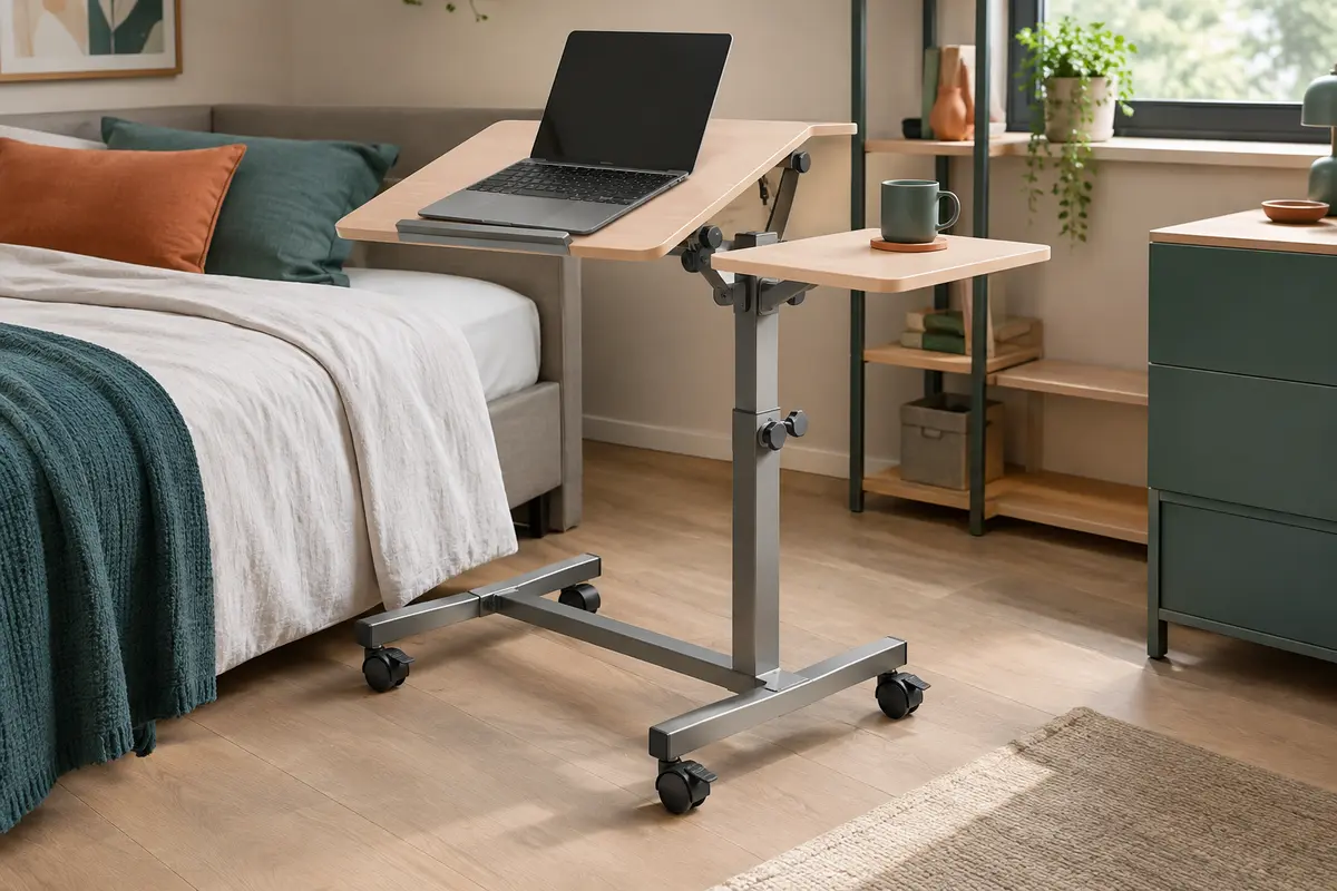 Table réglable pour ordinateur portable à deux plateaux inclinables, piètement métallique et roulettes freinées