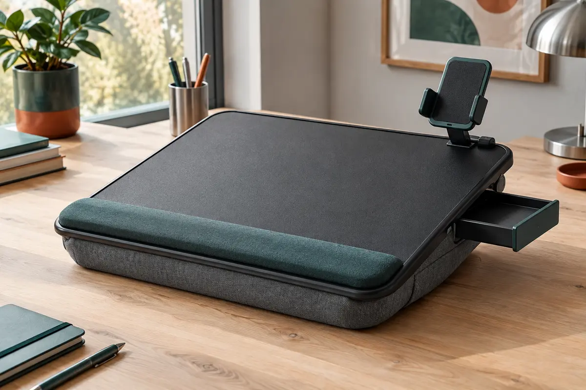 Plateau Saiji noir avec coussin, repose-poignets, support de téléphone réglable et tiroir latéral