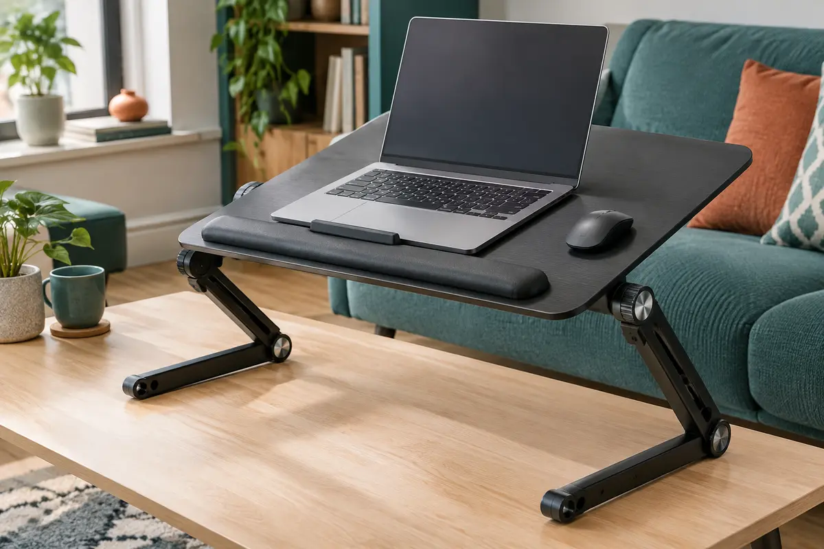 Table de lit noire pliable avec plateau, repose-poignets et pieds métalliques réglables.