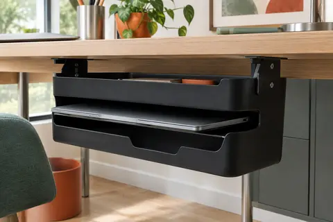 Support noir en trois parties fixé sous un bureau, avec un ordinateur portable rangé et facilement accessible.