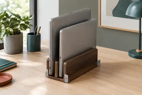 Support vertical noir en noyer et aluminium accueillant deux ordinateurs portables sur un bureau