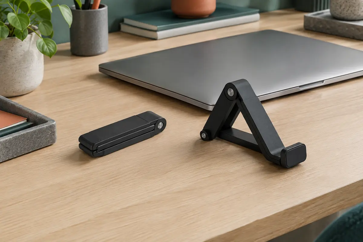 Deux supports pliables noirs avec axe métallique, l’un replié et l’autre déployé sur un bureau clair.