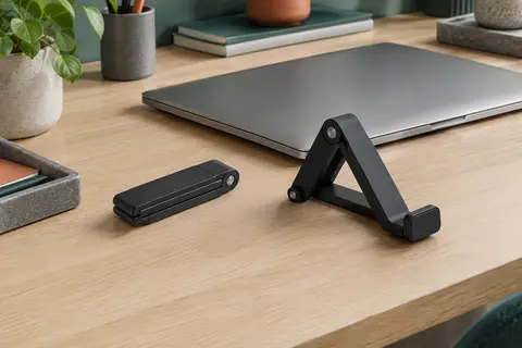 Deux supports pliables noirs avec axe métallique, l’un replié et l’autre déployé sur un bureau clair.