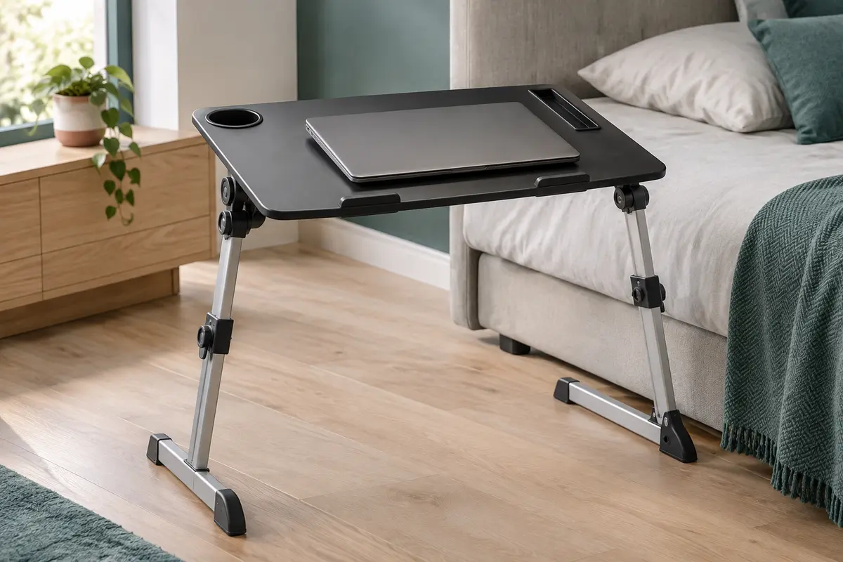 Table de lit pliable noire avec plateau inclinable, pieds en aluminium et butées antidérapantes