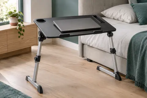 Table de lit pliable noire avec plateau inclinable, pieds en aluminium et butées antidérapantes
