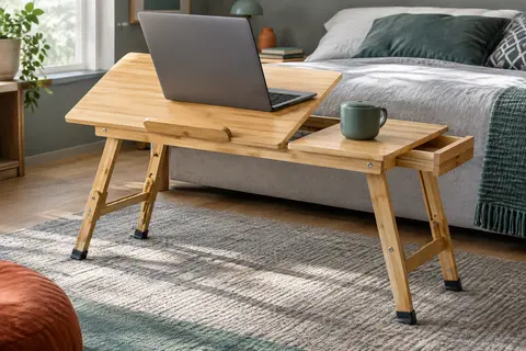 Table de lit pliable en bambou clair avec panneau incliné, butée de retenue et tiroir latéral, près d’un lit.