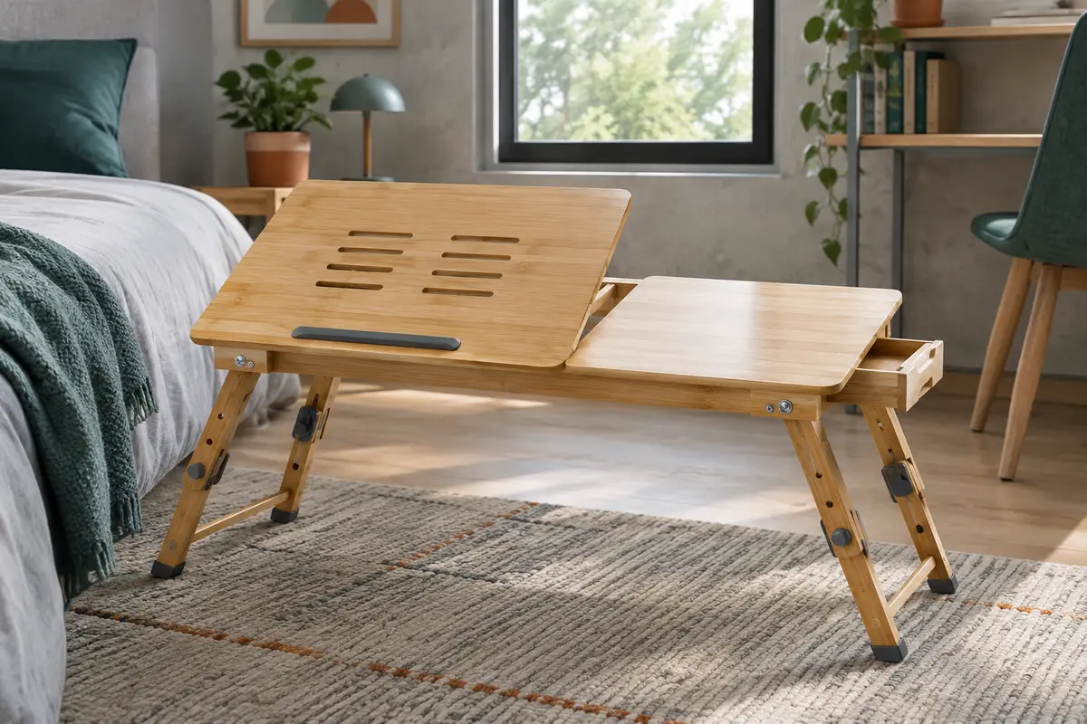 Table de lit pliable en bambou avec panneau inclinable, pieds réglables et tiroir intégré