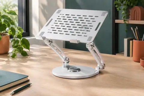 Support métallique blanc Soundance JT16R avec base pivotante et articulations réglables sur un bureau