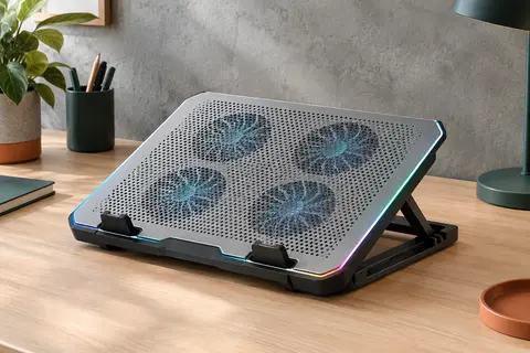 Support ventilé métallique à quatre ventilateurs, avec butées, inclinaison réglable et éclairage RGB