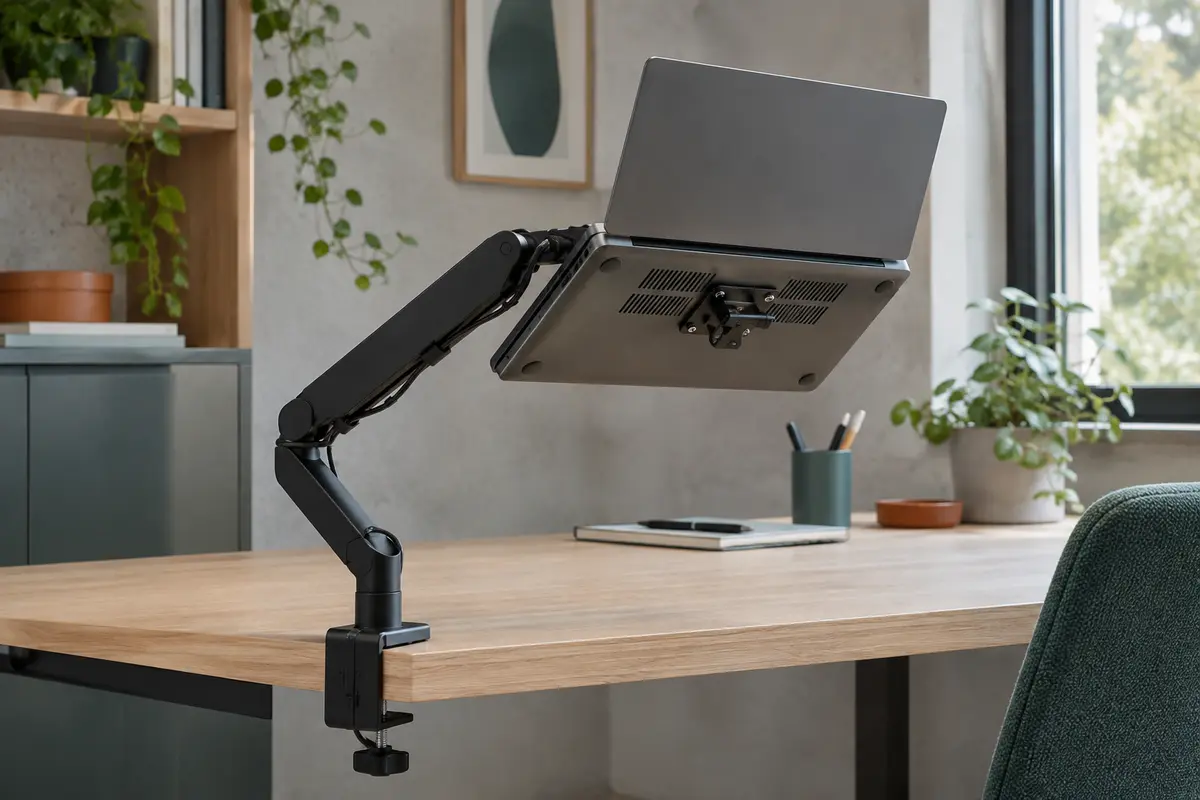 Bras articulé noir fixé à un bureau, avec un ordinateur portable posé sur son plateau ventilé