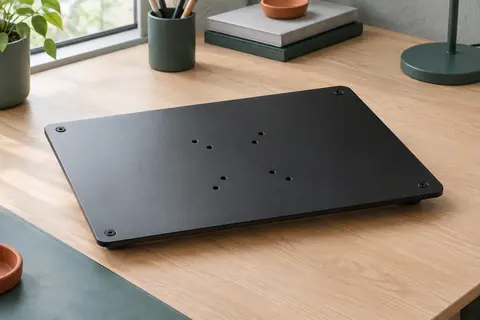 Plateau noir en acier allié Suptek TP004 posé sur un bureau en bois clair, avec ses fixations VESA visibles.