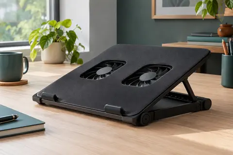 Support ventilé Targus noir incliné avec deux ventilateurs et butées en caoutchouc sur un bureau en bois clair