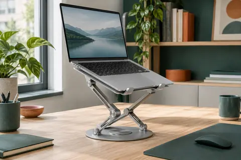 Support d’ordinateur portable en aluminium déployé sur un bureau, avec articulations réglables et base pivotante