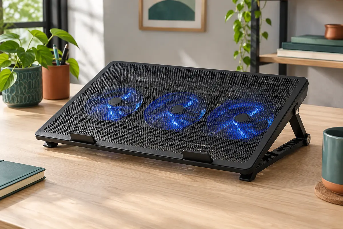 Support ventilé noir en métal avec trois ventilateurs à LED bleues et pieds réglables, posé sur un bureau.
