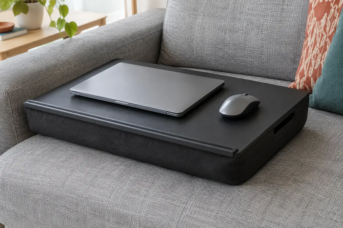 Grand plateau de genoux noir en simili cuir fixé sur un épais coussin, avec un ordinateur portable fermé et une souris, posé sur un canapé gris clair