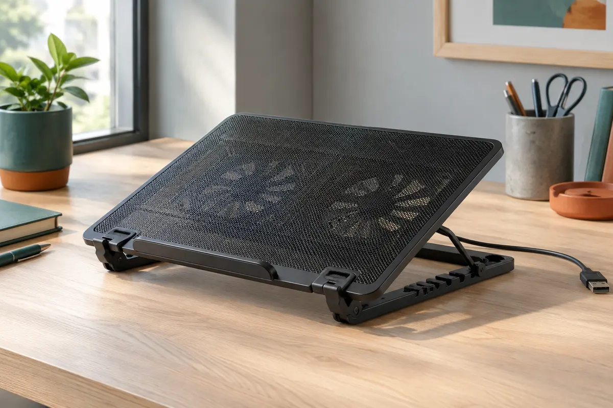 Support ventilé noir avec grille métallique, deux ventilateurs et butée articulée sur un bureau.