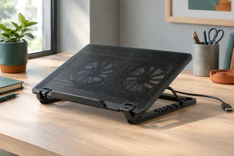 Support ventilé noir avec grille métallique, deux ventilateurs et butée articulée sur un bureau.