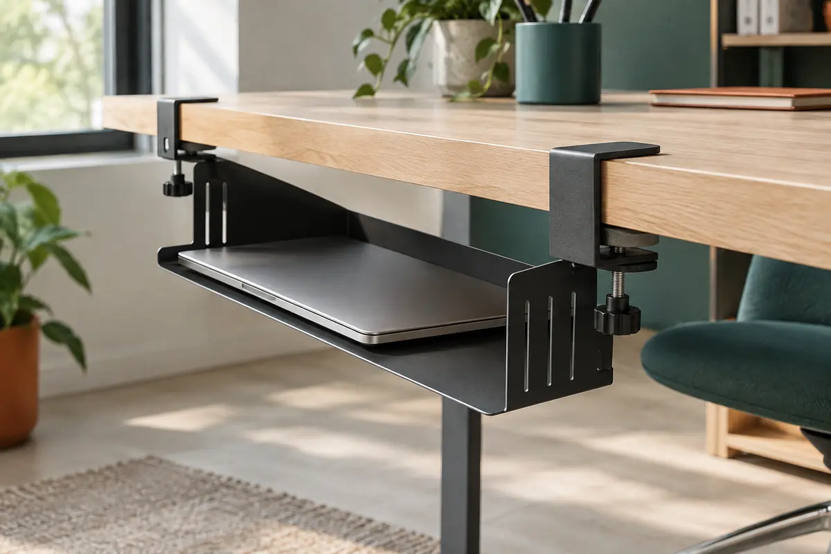 Support Torchesy noir à une tablette fixé sans perçage au bord d’un bureau en bois clair
