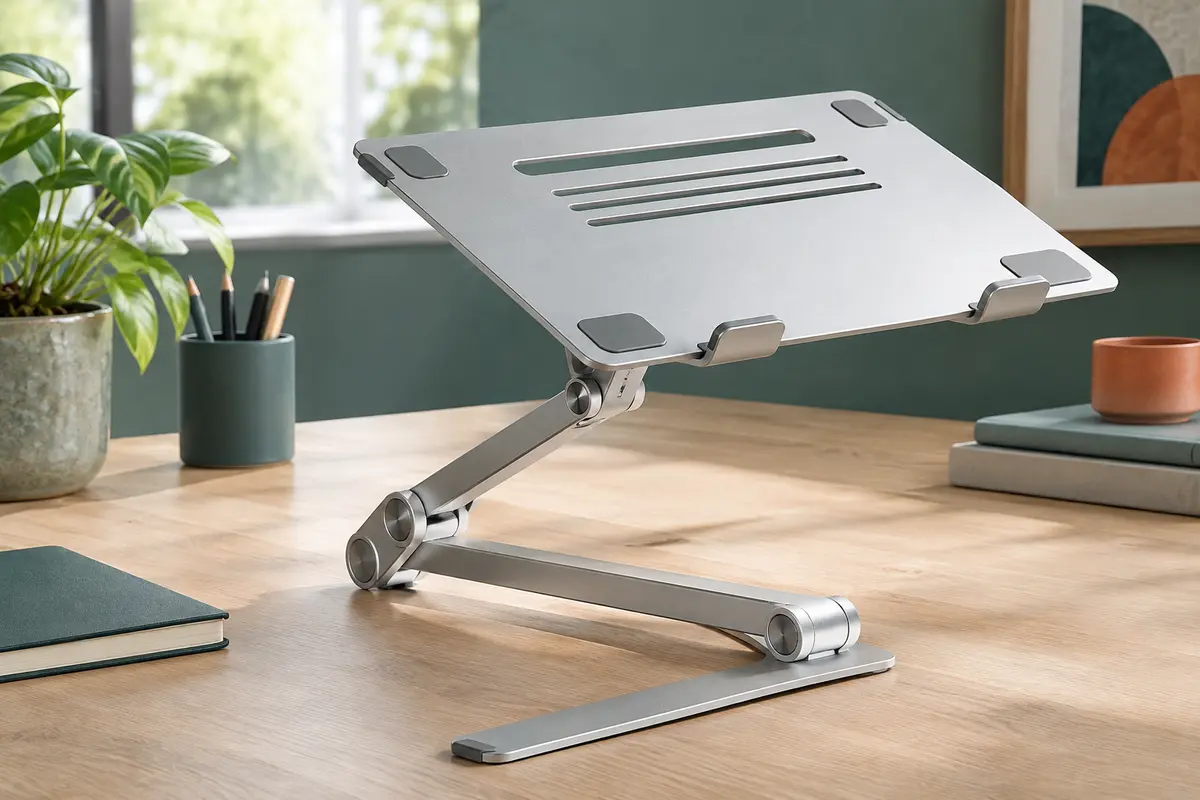 Support réglable en aluminium argenté avec deux articulations, déployé sur un bureau en bois clair.
