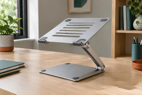Support pour ordinateur portable argenté, pliable et réglable, avec plateforme ajourée et articulations en Z