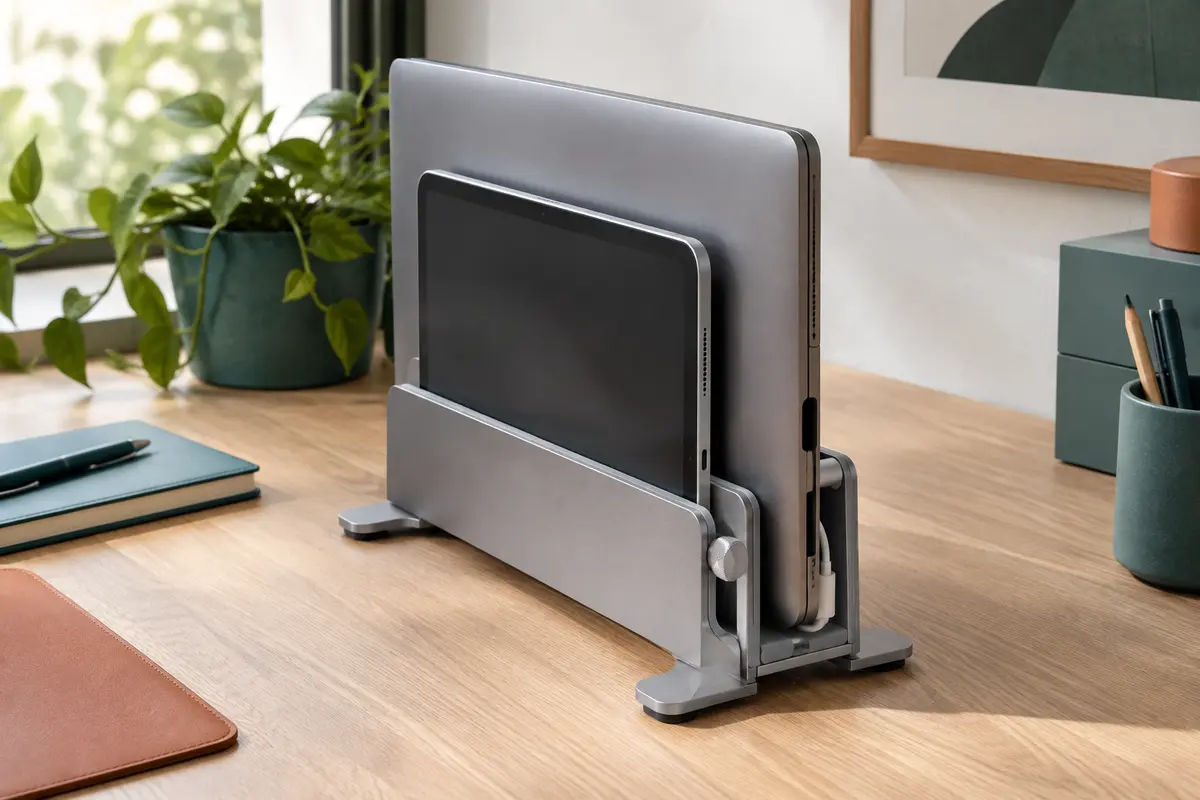 Support vertical gris en aluminium à deux emplacements, posé sur un bureau avec un ordinateur et une tablette.