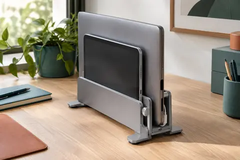 Support vertical gris en aluminium à deux emplacements, posé sur un bureau avec un ordinateur et une tablette.
