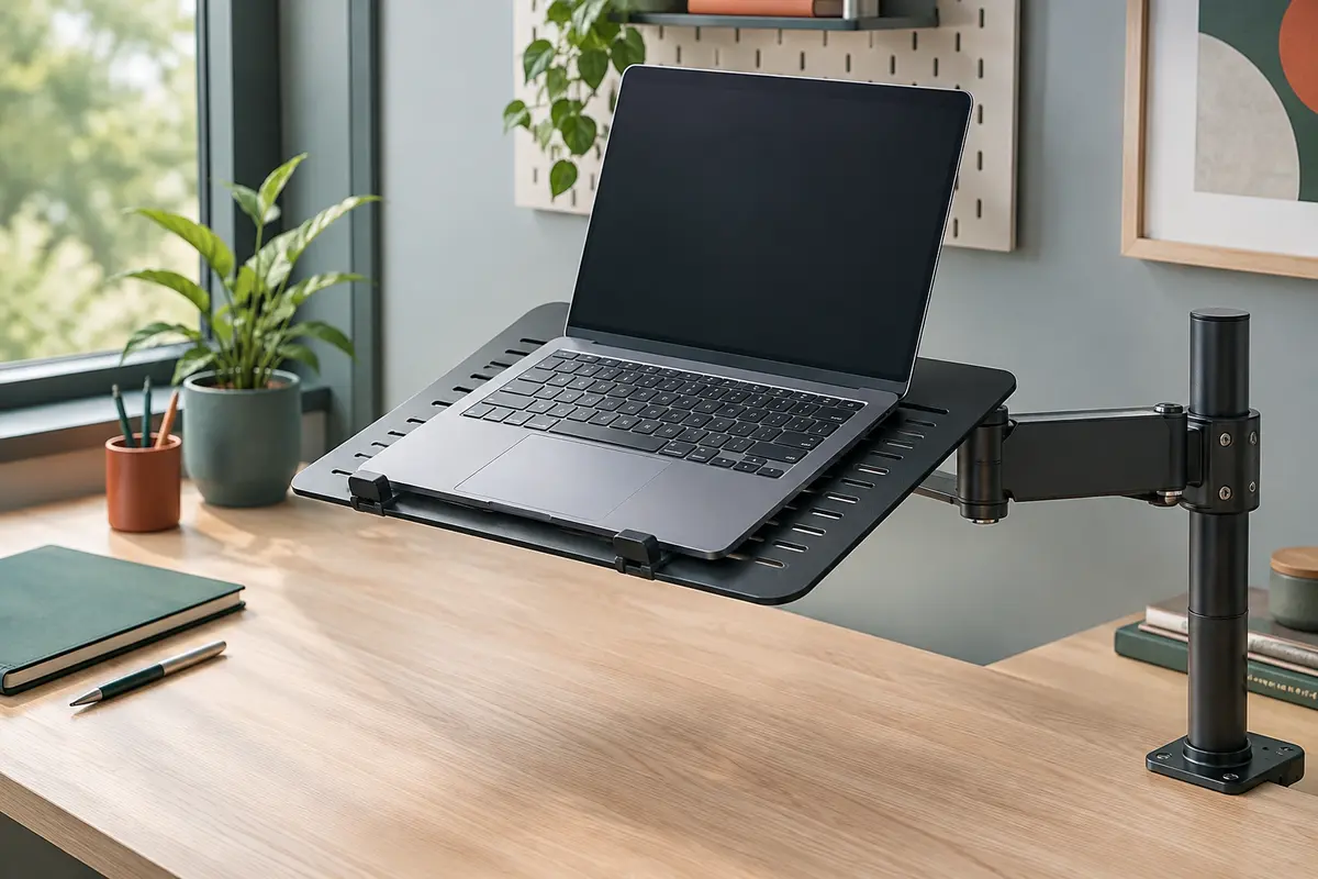 Plateau Ultrarm en acier noir, ventilé et fixé en VESA, avec un ordinateur portable posé dessus.