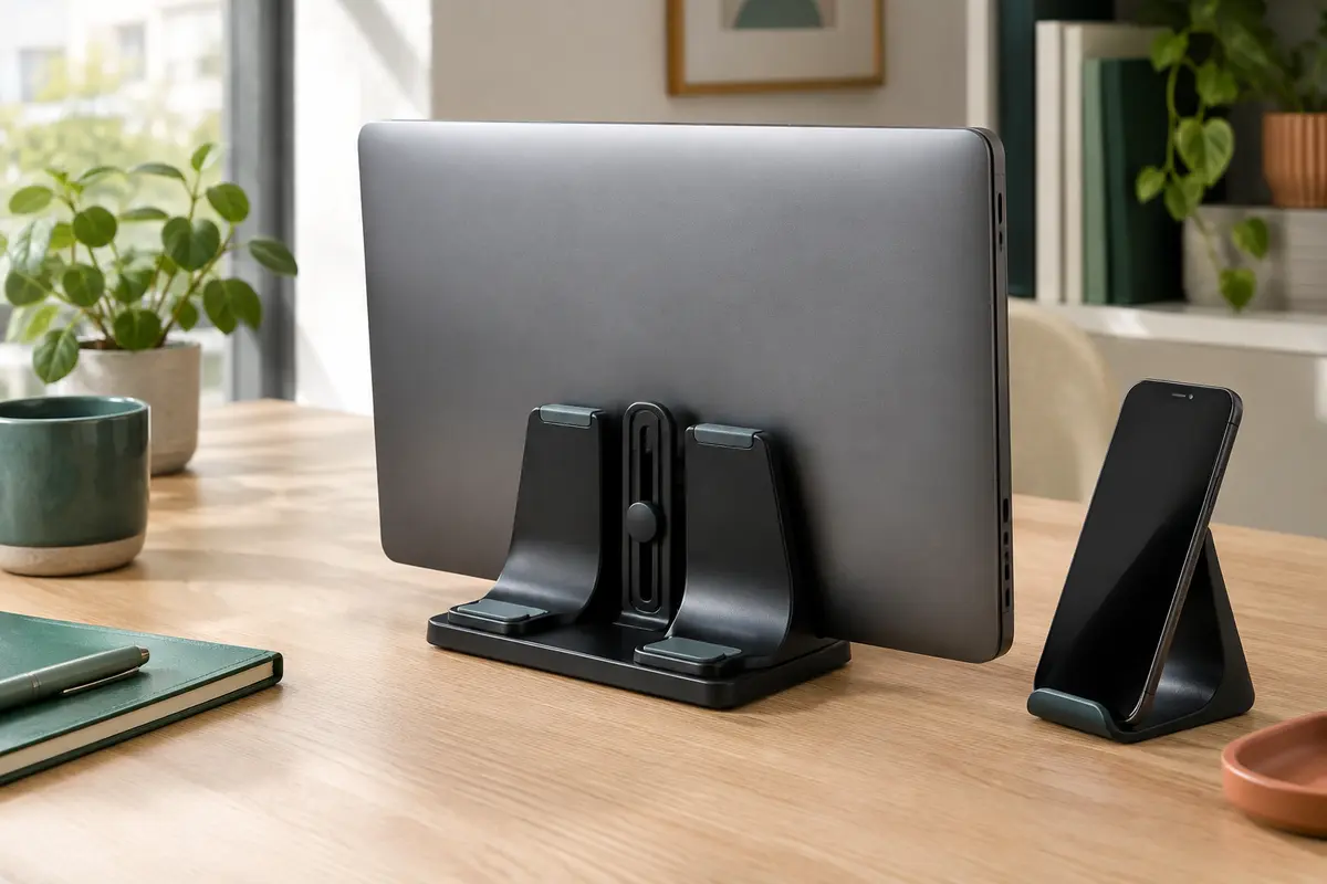 Support vertical noir à rainure réglable tenant un ordinateur portable fermé sur un bureau en bois clair.