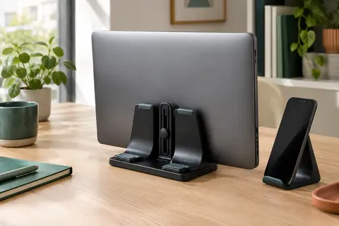 Support vertical noir à rainure réglable tenant un ordinateur portable fermé sur un bureau en bois clair.